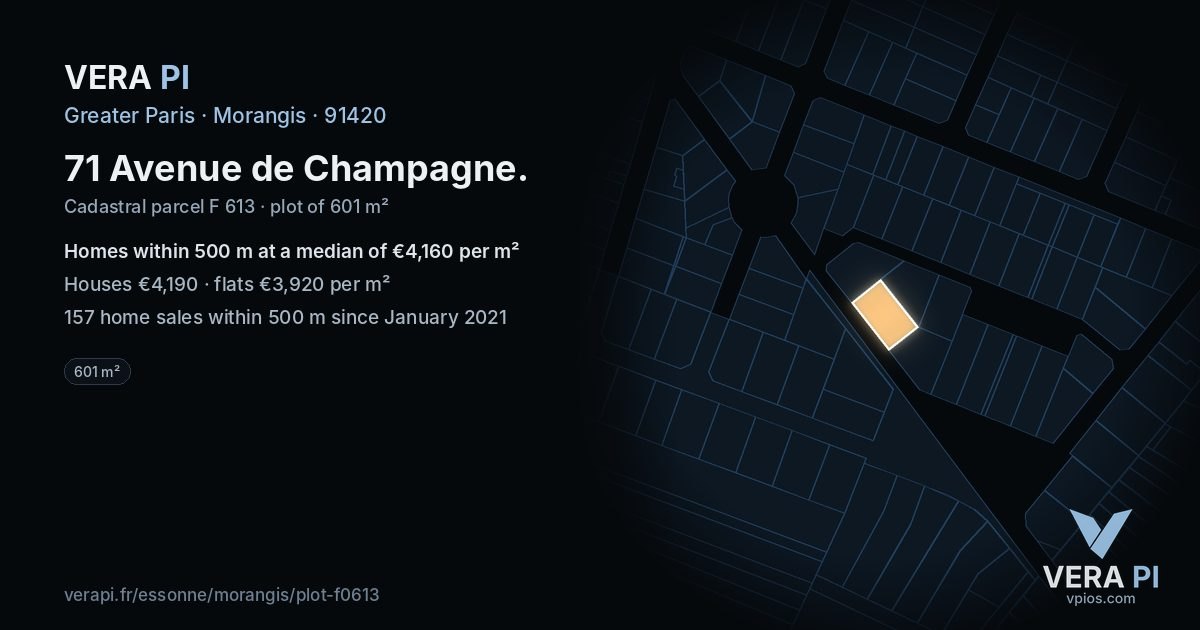 71 Avenue de Champagne, Morangis at night – the plot lit, the parcels around coloured by the prices near them