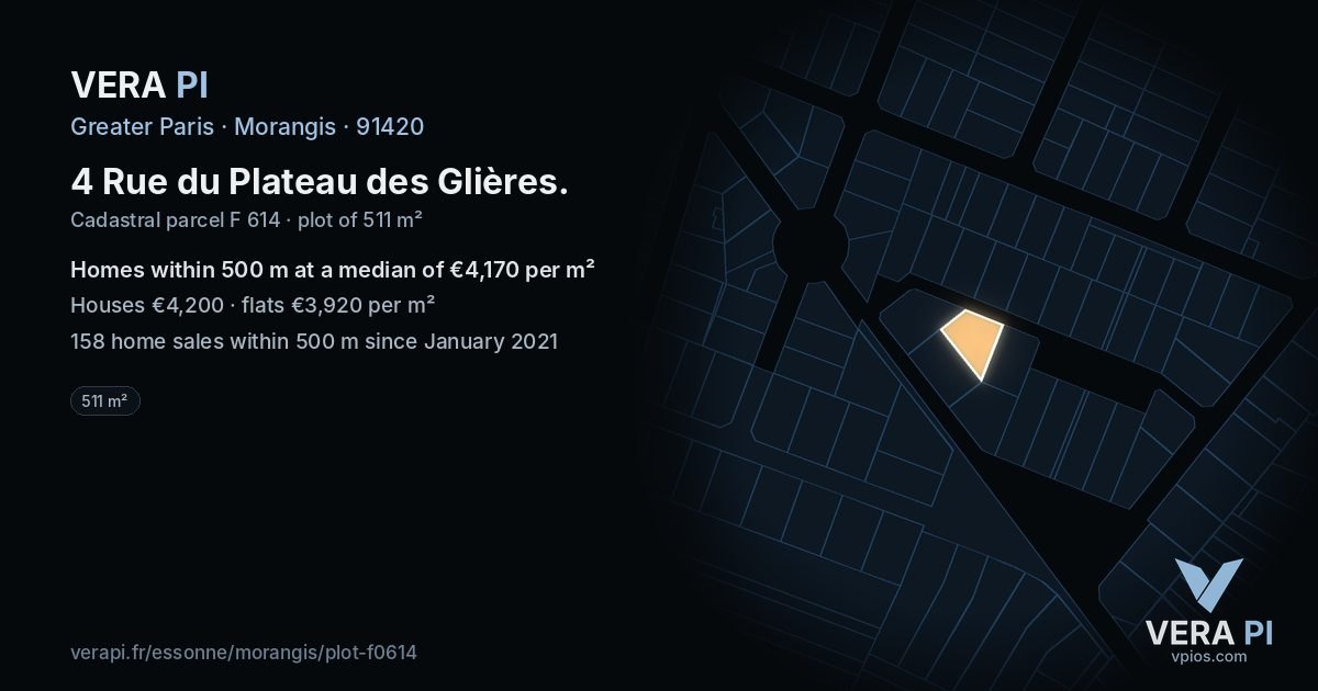 4 Rue du Plateau des Glières, Morangis at night – the plot lit, the parcels around coloured by the prices near them