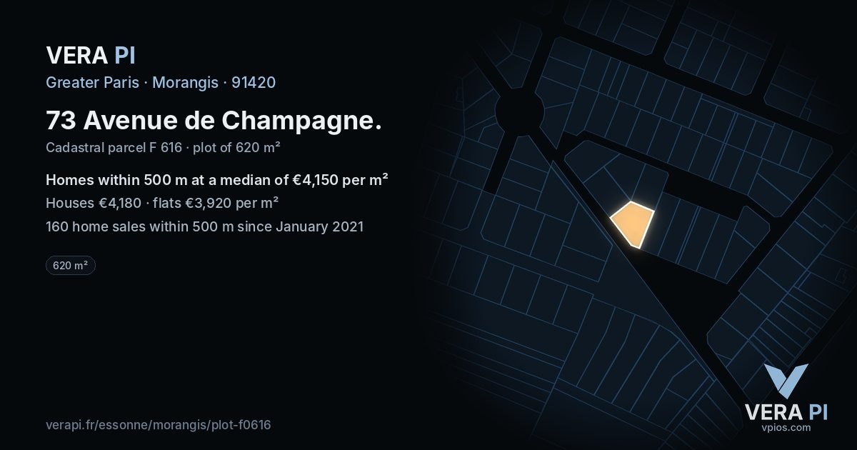 73 Avenue de Champagne, Morangis at night – the plot lit, the parcels around coloured by the prices near them
