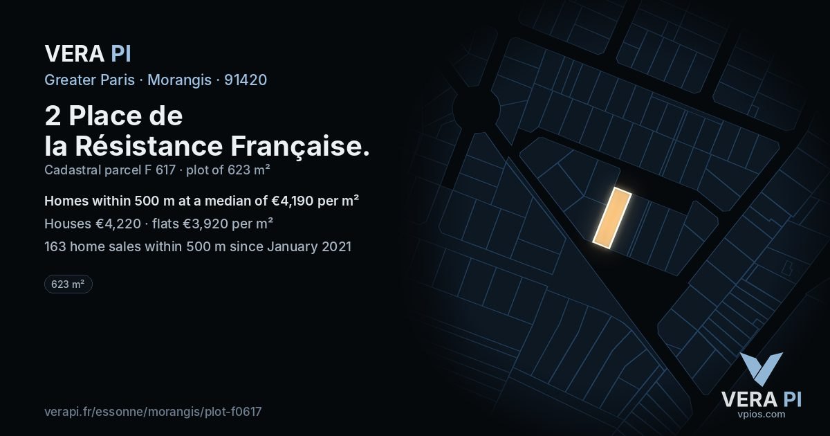 2 Place de la Résistance Française, Morangis at night – the plot lit, the parcels around coloured by the prices near them