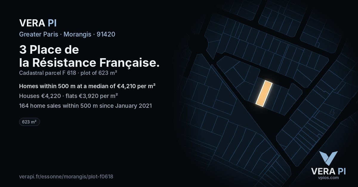 3 Place de la Résistance Française, Morangis at night – the plot lit, the parcels around coloured by the prices near them
