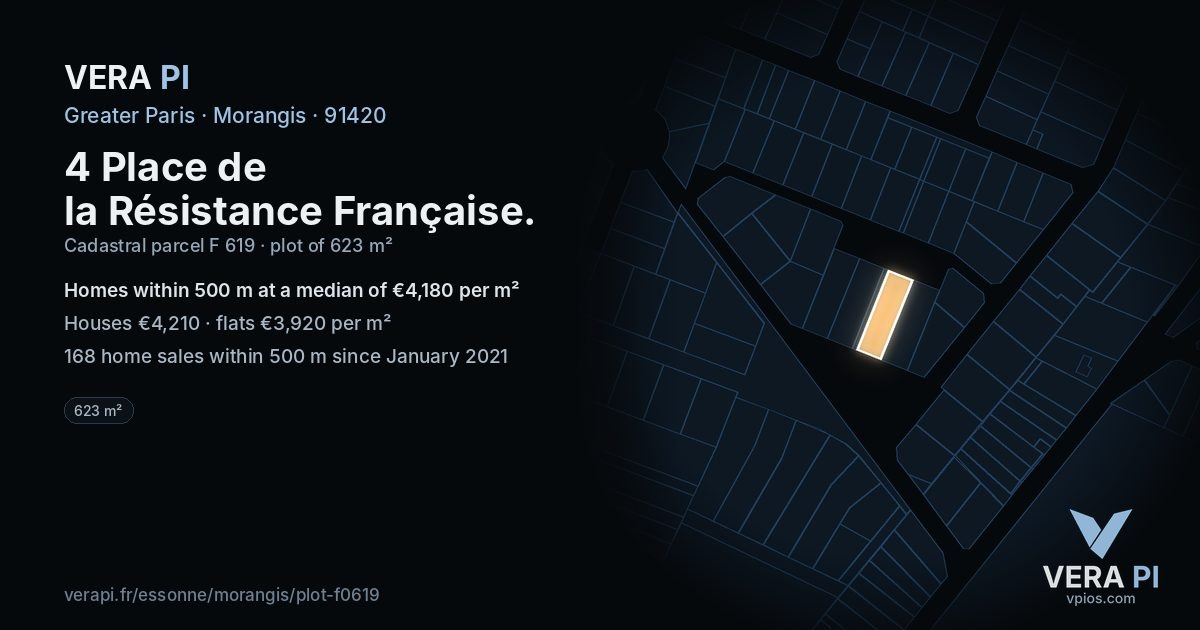 4 Place de la Résistance Française, Morangis at night – the plot lit, the parcels around coloured by the prices near them