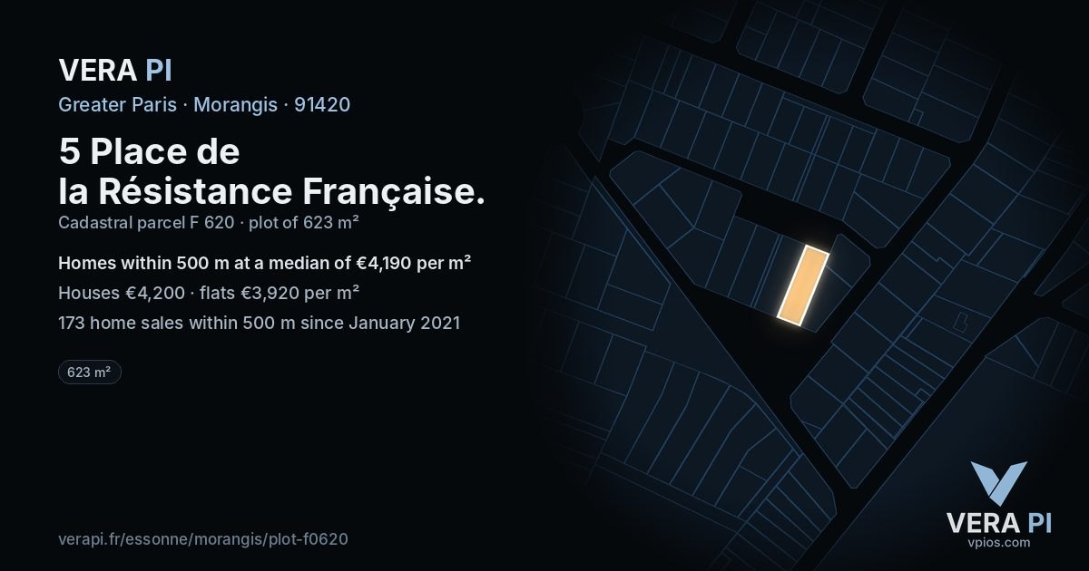 5 Place de la Résistance Française, Morangis at night – the plot lit, the parcels around coloured by the prices near them