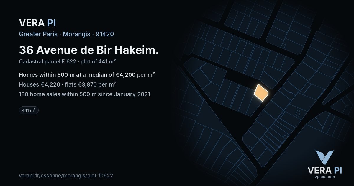 36 Avenue de Bir Hakeim, Morangis at night – the plot lit, the parcels around coloured by the prices near them