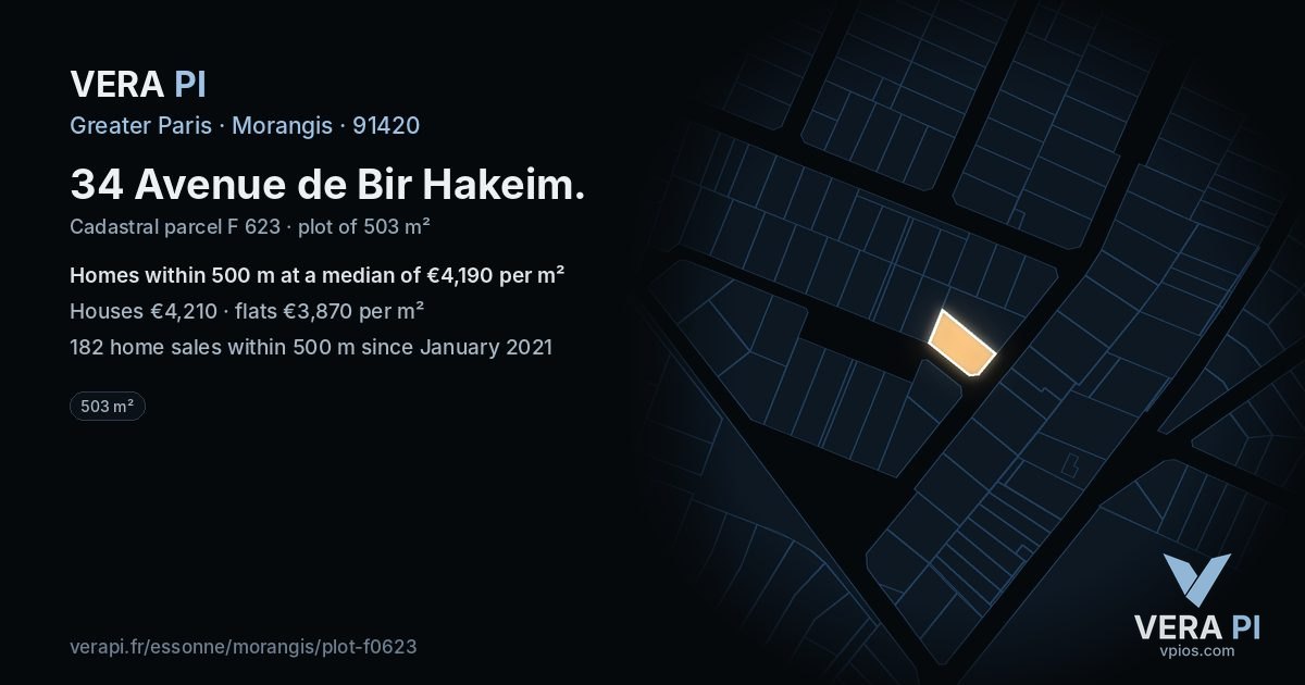 34 Avenue de Bir Hakeim, Morangis at night – the plot lit, the parcels around coloured by the prices near them