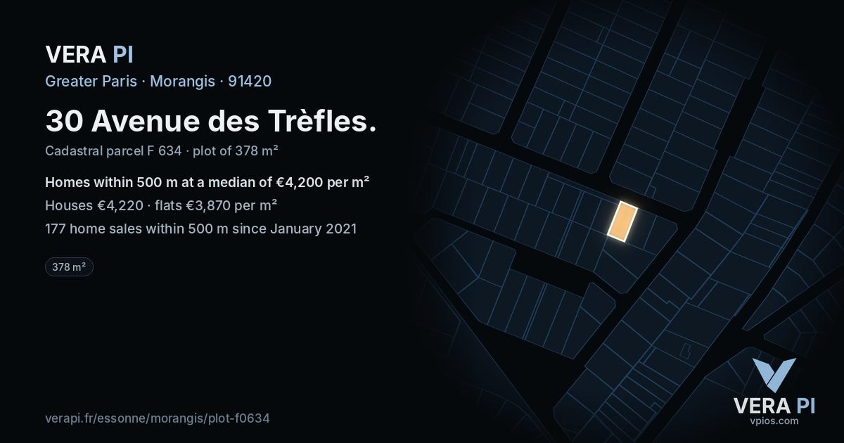 30 Avenue des Trèfles, Morangis at night – the plot lit, the parcels around coloured by the prices near them