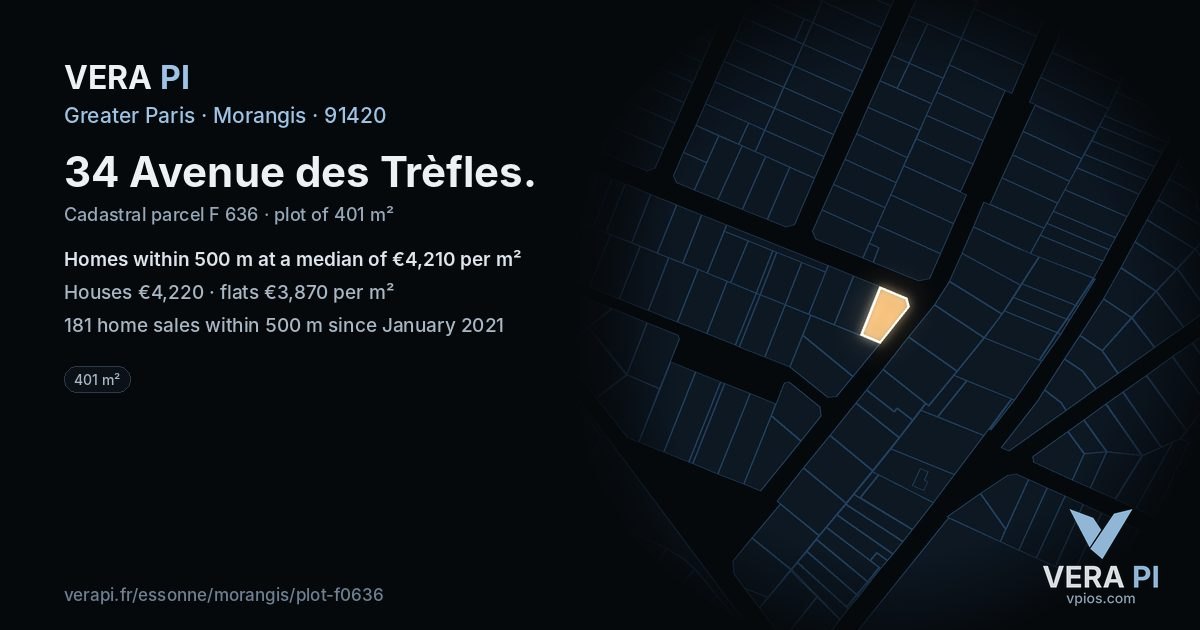 34 Avenue des Trèfles, Morangis at night – the plot lit, the parcels around coloured by the prices near them