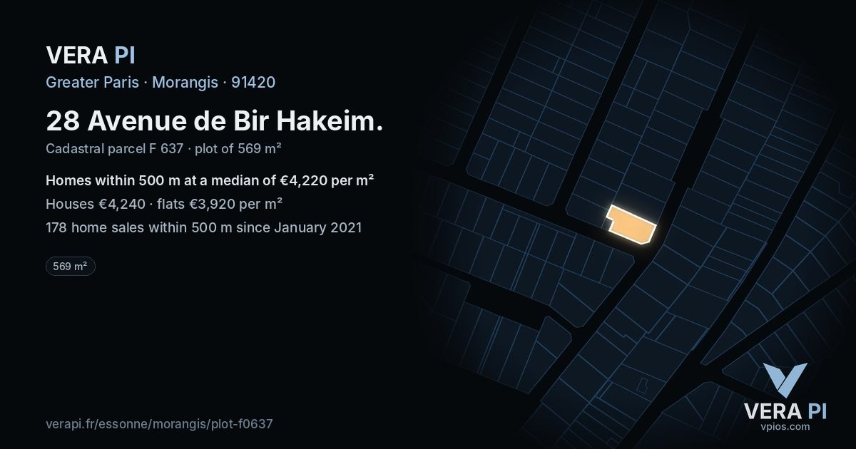 28 Avenue de Bir Hakeim, Morangis at night – the plot lit, the parcels around coloured by the prices near them