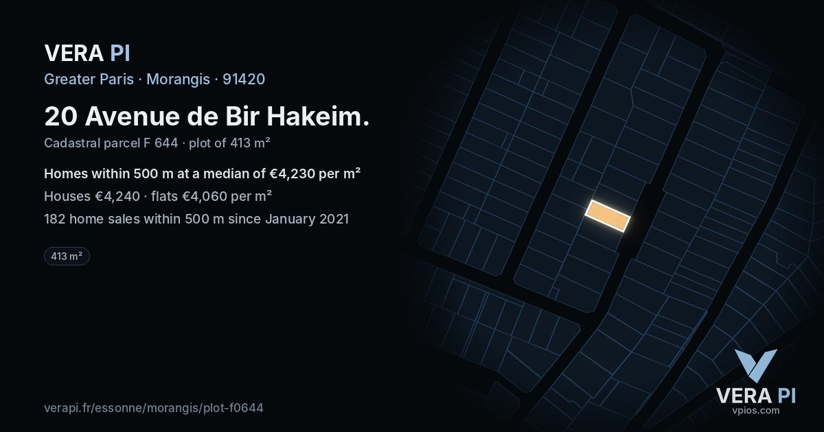 20 Avenue de Bir Hakeim, Morangis at night – the plot lit, the parcels around coloured by the prices near them