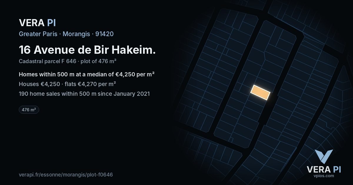 16 Avenue de Bir Hakeim, Morangis at night – the plot lit, the parcels around coloured by the prices near them