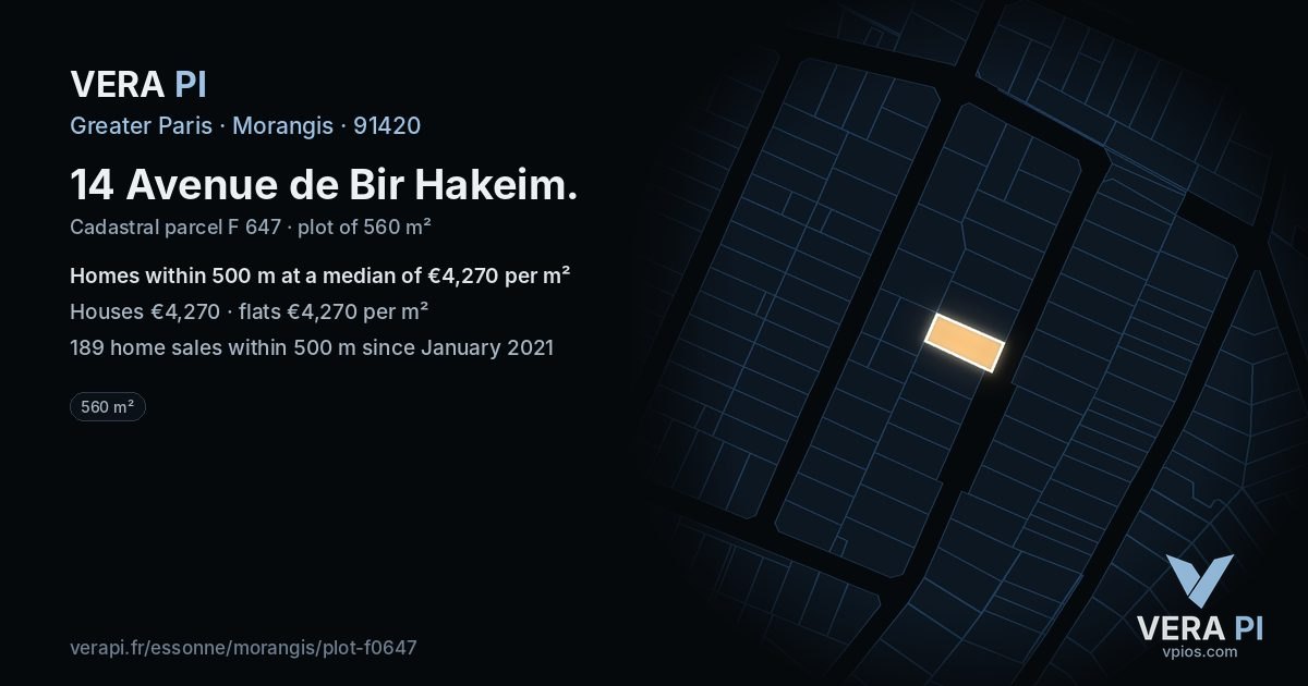 14 Avenue de Bir Hakeim, Morangis at night – the plot lit, the parcels around coloured by the prices near them