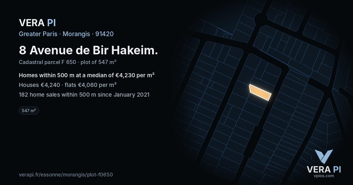 8 Avenue de Bir Hakeim, Morangis at night – the plot lit, the parcels around coloured by the prices near them