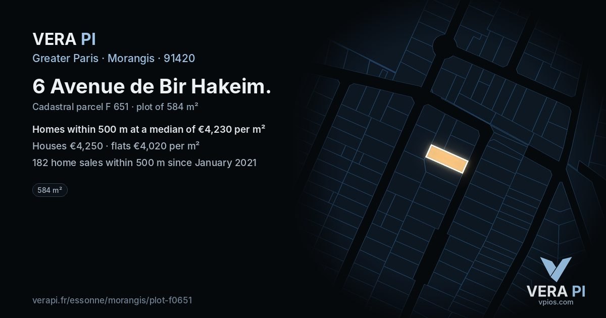 6 Avenue de Bir Hakeim, Morangis at night – the plot lit, the parcels around coloured by the prices near them