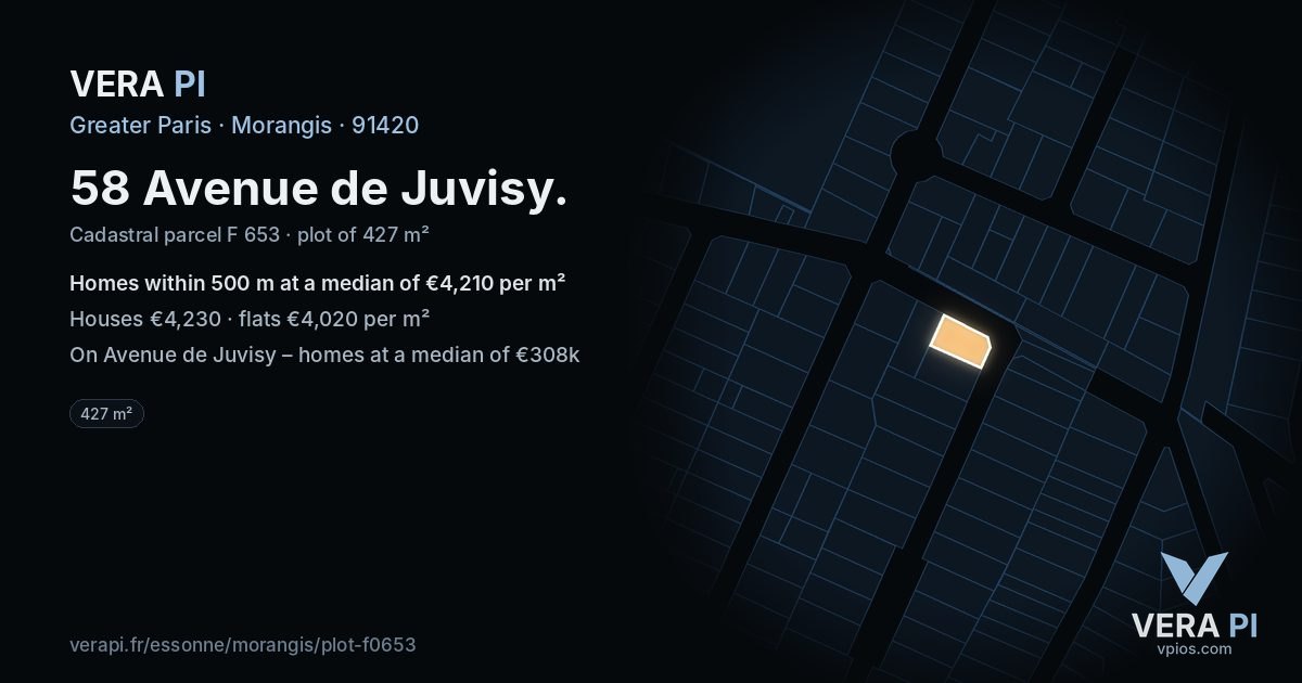 58 Avenue de Juvisy, Morangis at night – the plot lit, the parcels around coloured by the prices near them