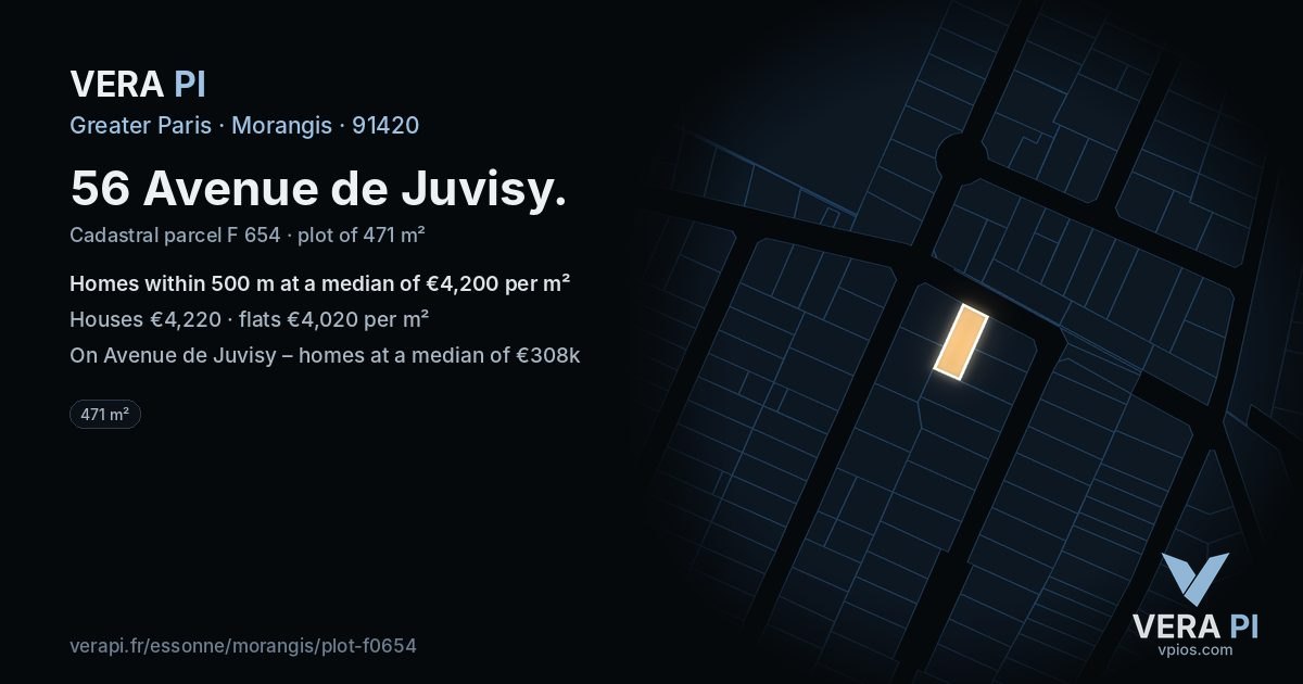 56 Avenue de Juvisy, Morangis at night – the plot lit, the parcels around coloured by the prices near them