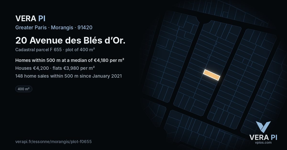 20 Avenue des Blés d’Or, Morangis at night – the plot lit, the parcels around coloured by the prices near them
