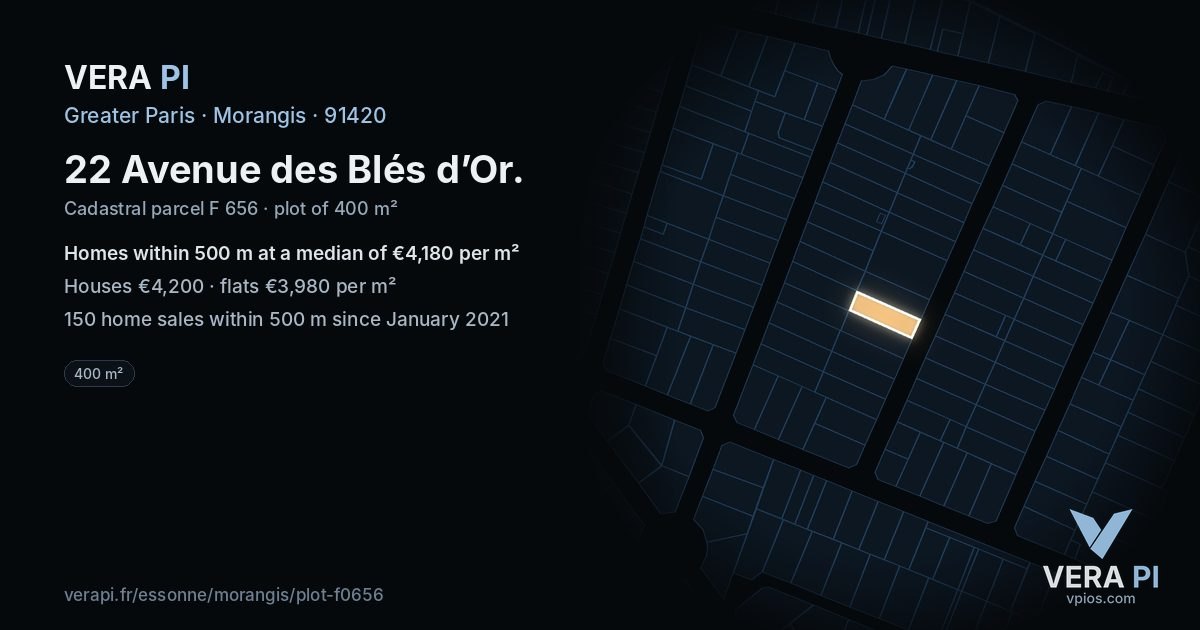 22 Avenue des Blés d’Or, Morangis at night – the plot lit, the parcels around coloured by the prices near them