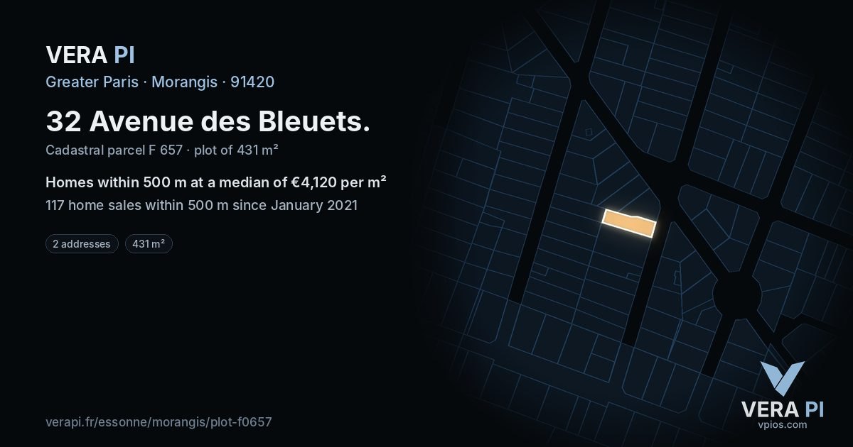 32 Avenue des Bleuets, Morangis at night – the plot lit, the parcels around coloured by the prices near them