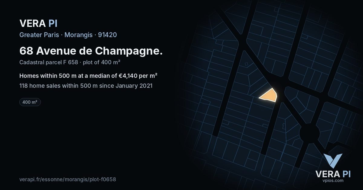 68 Avenue de Champagne, Morangis at night – the plot lit, the parcels around coloured by the prices near them