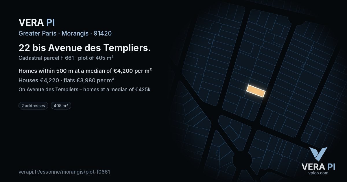 22 bis Avenue des Templiers, Morangis at night – the plot lit, the parcels around coloured by the prices near them