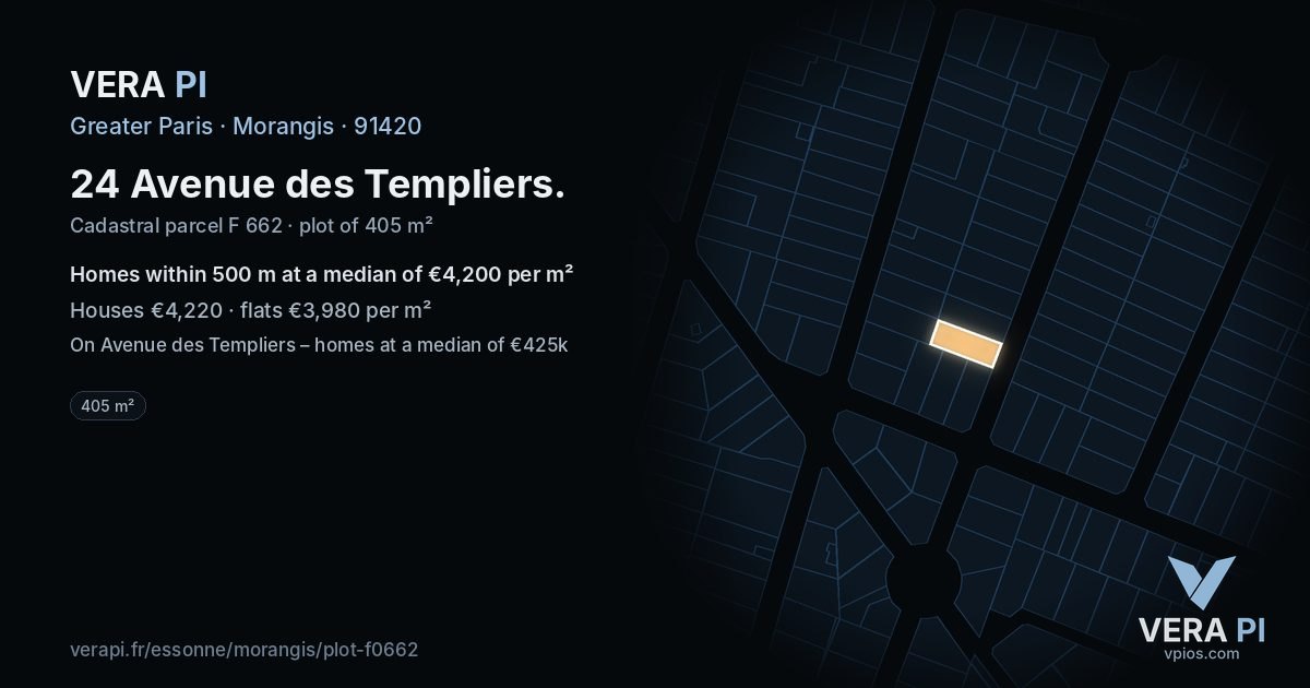 24 Avenue des Templiers, Morangis at night – the plot lit, the parcels around coloured by the prices near them