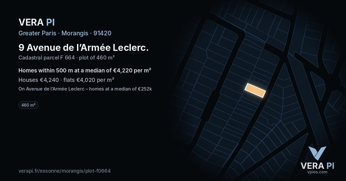 9 Avenue de l’Armée Leclerc, Morangis at night – the plot lit, the parcels around coloured by the prices near them