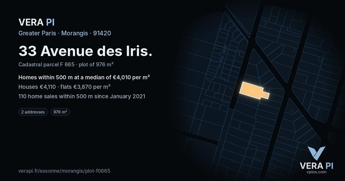 33 Avenue des Iris, Morangis at night – the plot lit, the parcels around coloured by the prices near them