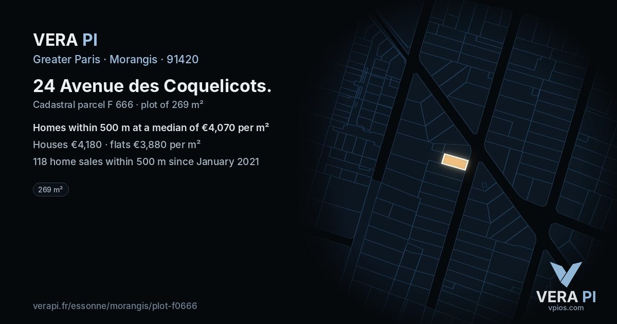 24 Avenue des Coquelicots, Morangis at night – the plot lit, the parcels around coloured by the prices near them