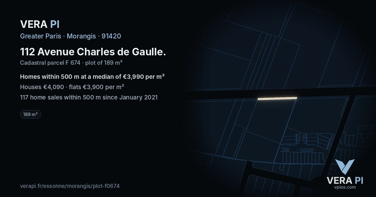 112 Avenue Charles de Gaulle, Morangis at night – the plot lit, the parcels around coloured by the prices near them