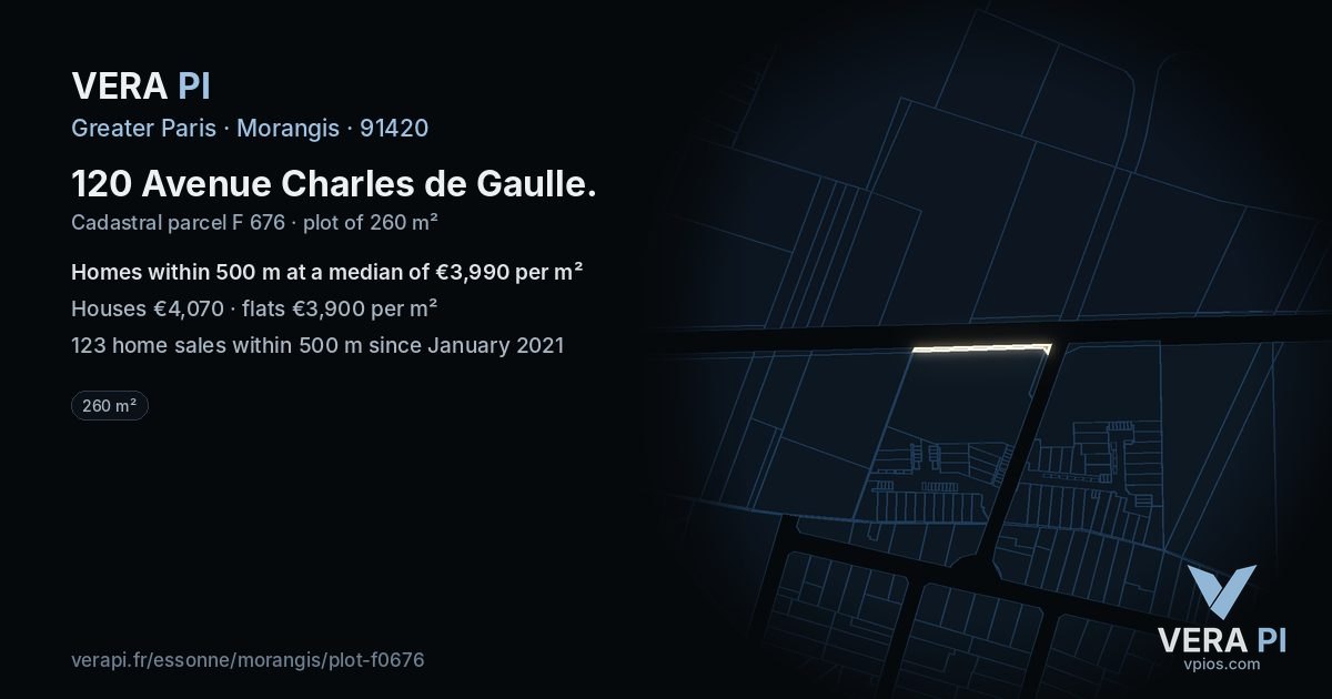 120 Avenue Charles de Gaulle, Morangis at night – the plot lit, the parcels around coloured by the prices near them