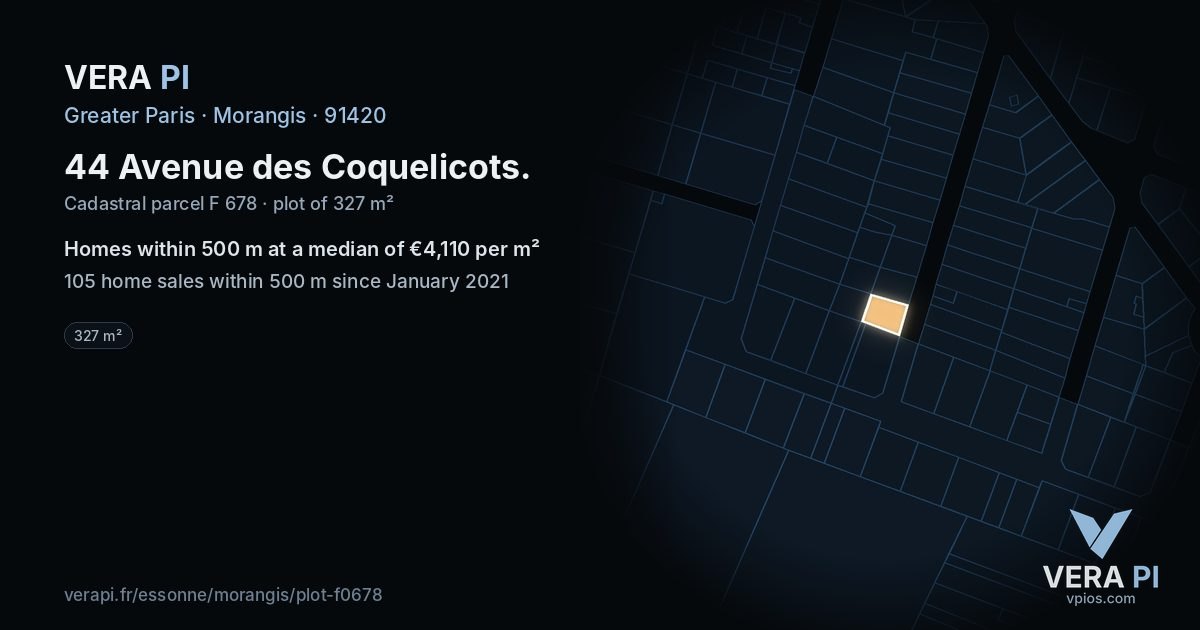 44 Avenue des Coquelicots, Morangis at night – the plot lit, the parcels around coloured by the prices near them