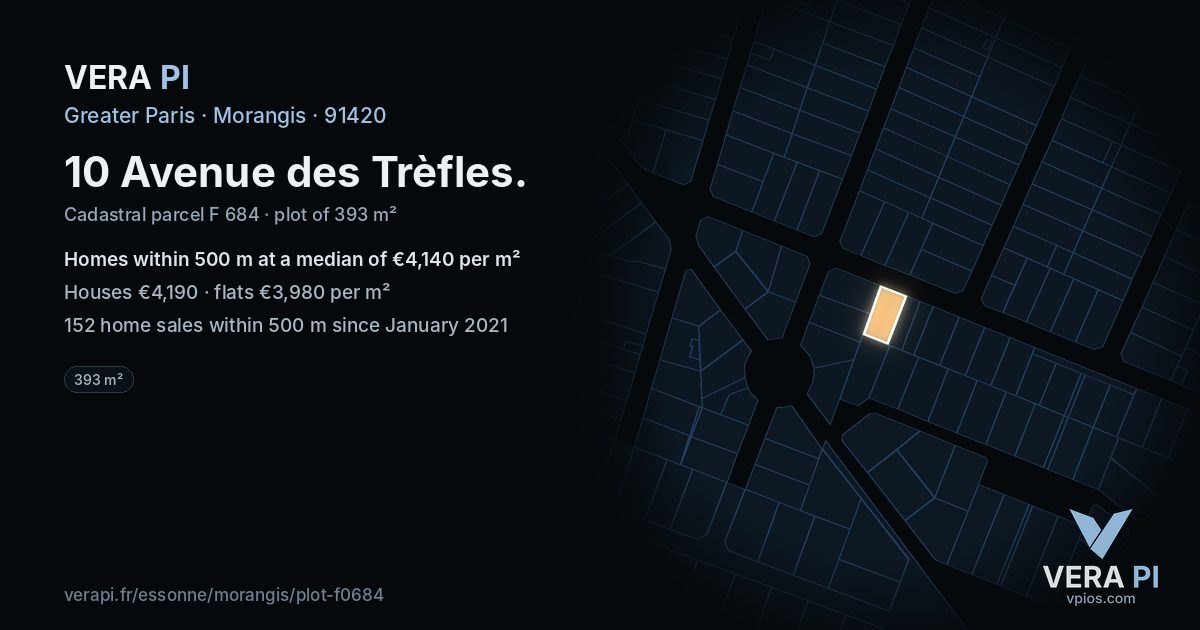 10 Avenue des Trèfles, Morangis at night – the plot lit, the parcels around coloured by the prices near them