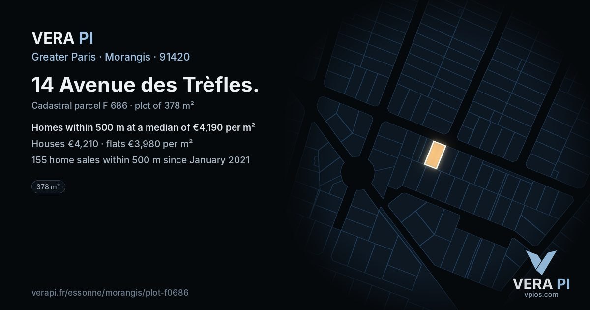 14 Avenue des Trèfles, Morangis at night – the plot lit, the parcels around coloured by the prices near them