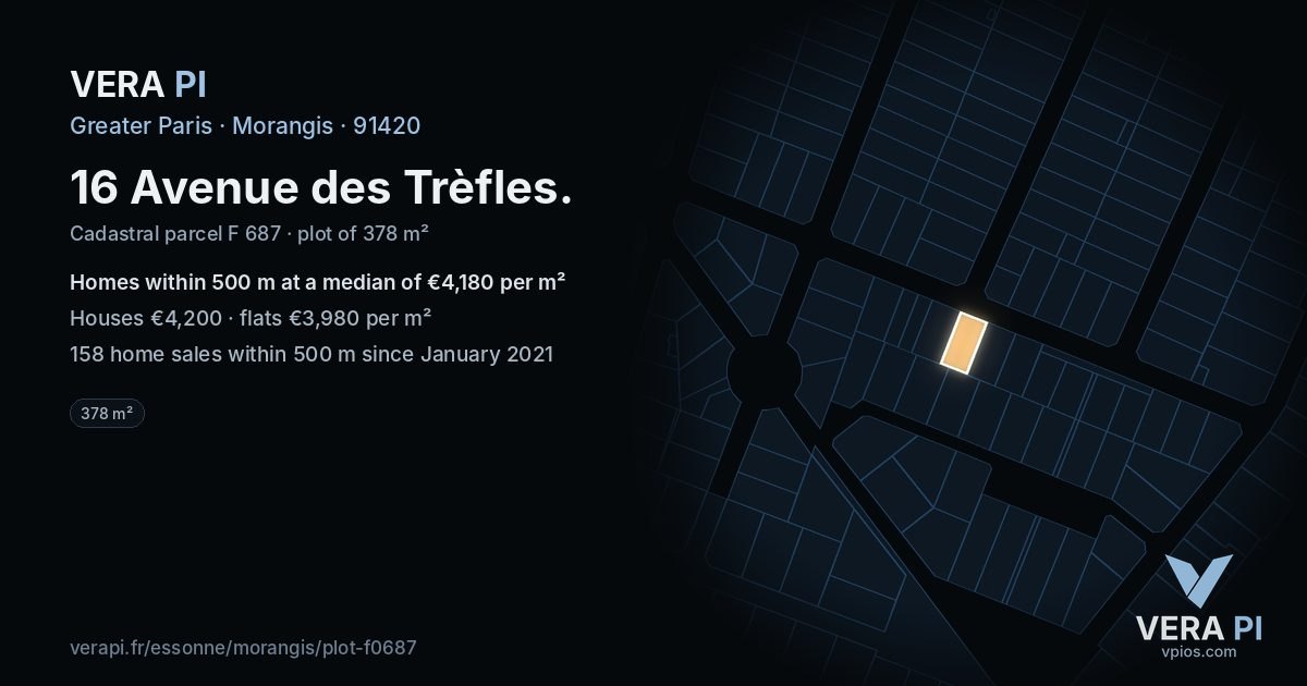 16 Avenue des Trèfles, Morangis at night – the plot lit, the parcels around coloured by the prices near them