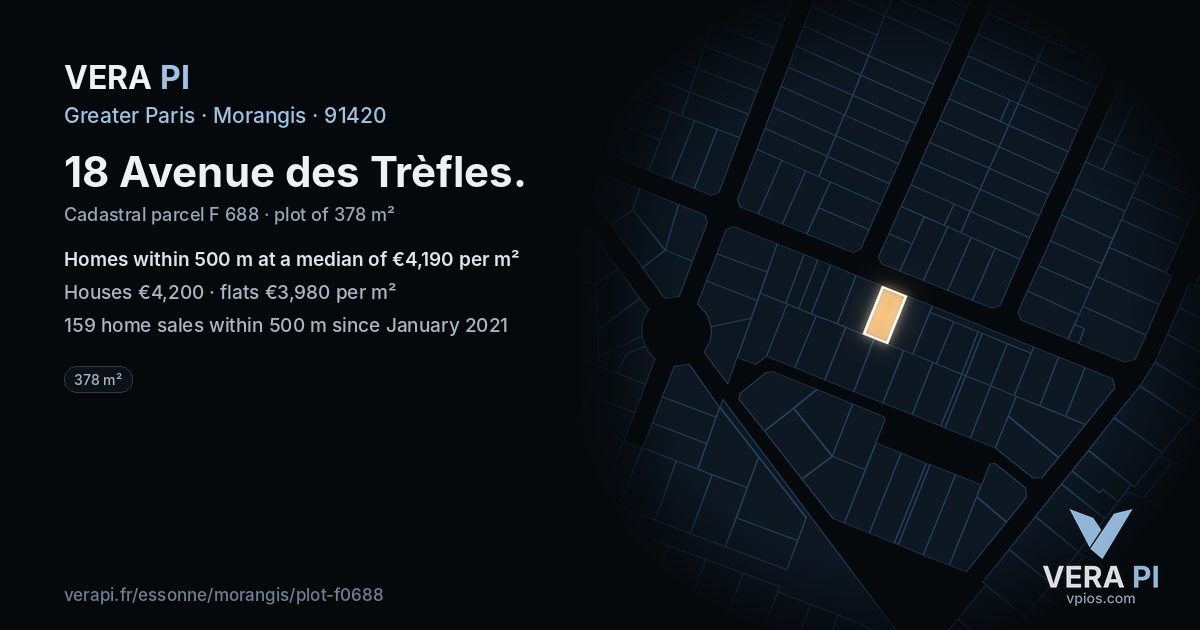 18 Avenue des Trèfles, Morangis at night – the plot lit, the parcels around coloured by the prices near them