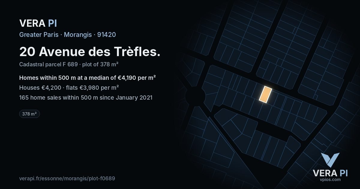 20 Avenue des Trèfles, Morangis at night – the plot lit, the parcels around coloured by the prices near them