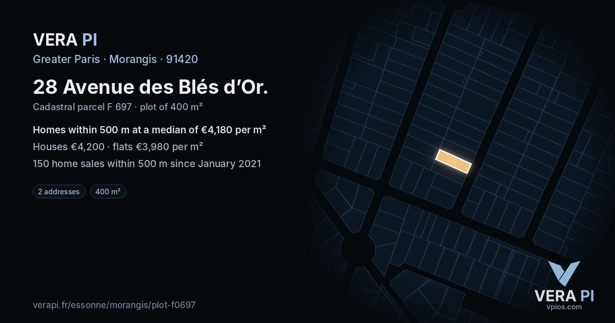 28 Avenue des Blés d’Or, Morangis at night – the plot lit, the parcels around coloured by the prices near them
