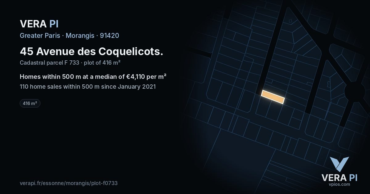 45 Avenue des Coquelicots, Morangis at night – the plot lit, the parcels around coloured by the prices near them