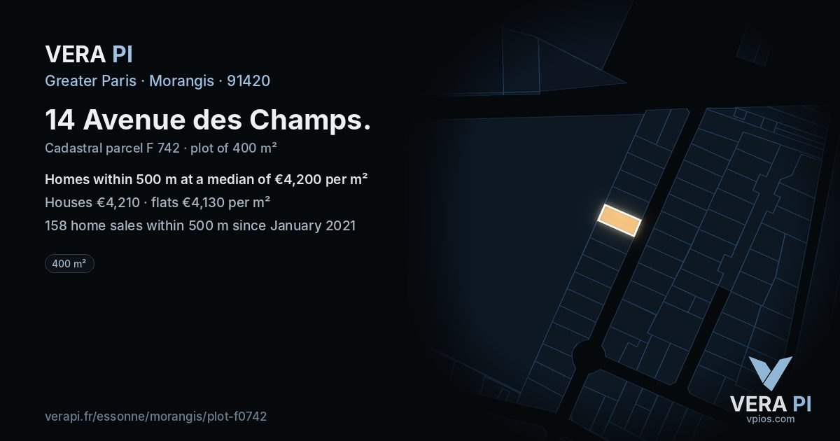 14 Avenue des Champs, Morangis at night – the plot lit, the parcels around coloured by the prices near them