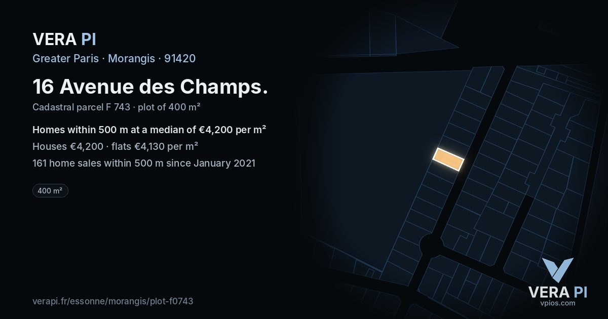 16 Avenue des Champs, Morangis at night – the plot lit, the parcels around coloured by the prices near them