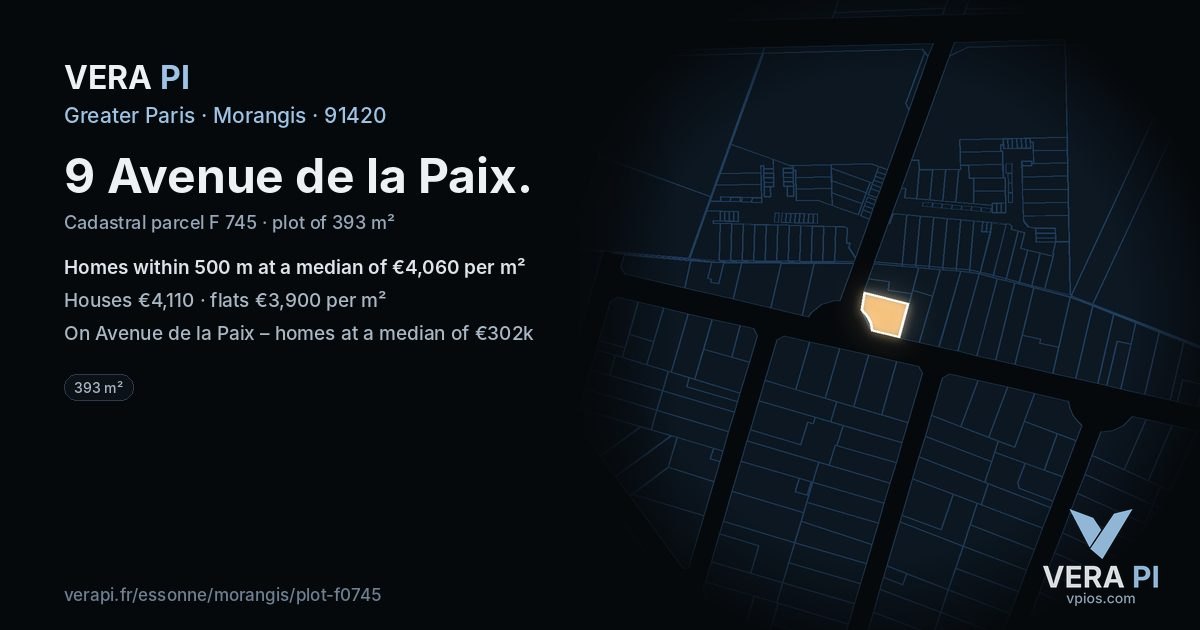 9 Avenue de la Paix, Morangis at night – the plot lit, the parcels around coloured by the prices near them