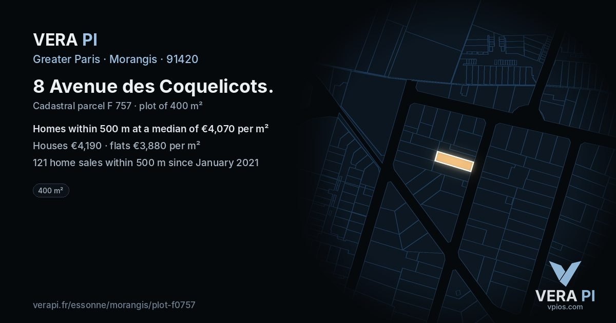 8 Avenue des Coquelicots, Morangis at night – the plot lit, the parcels around coloured by the prices near them