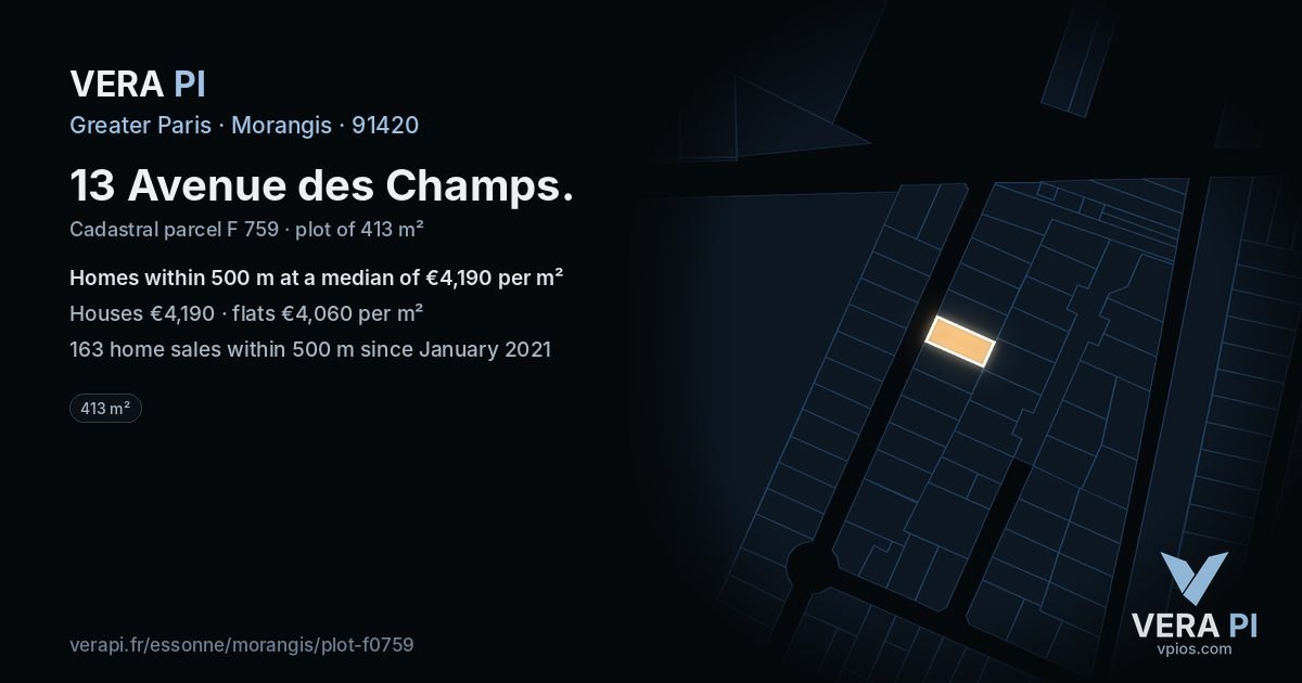 13 Avenue des Champs, Morangis at night – the plot lit, the parcels around coloured by the prices near them