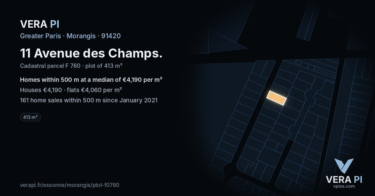 11 Avenue des Champs, Morangis at night – the plot lit, the parcels around coloured by the prices near them