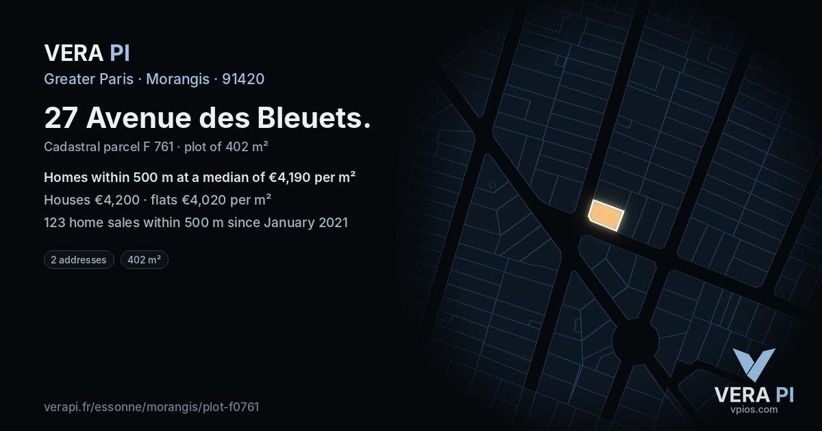 27 Avenue des Bleuets, Morangis at night – the plot lit, the parcels around coloured by the prices near them