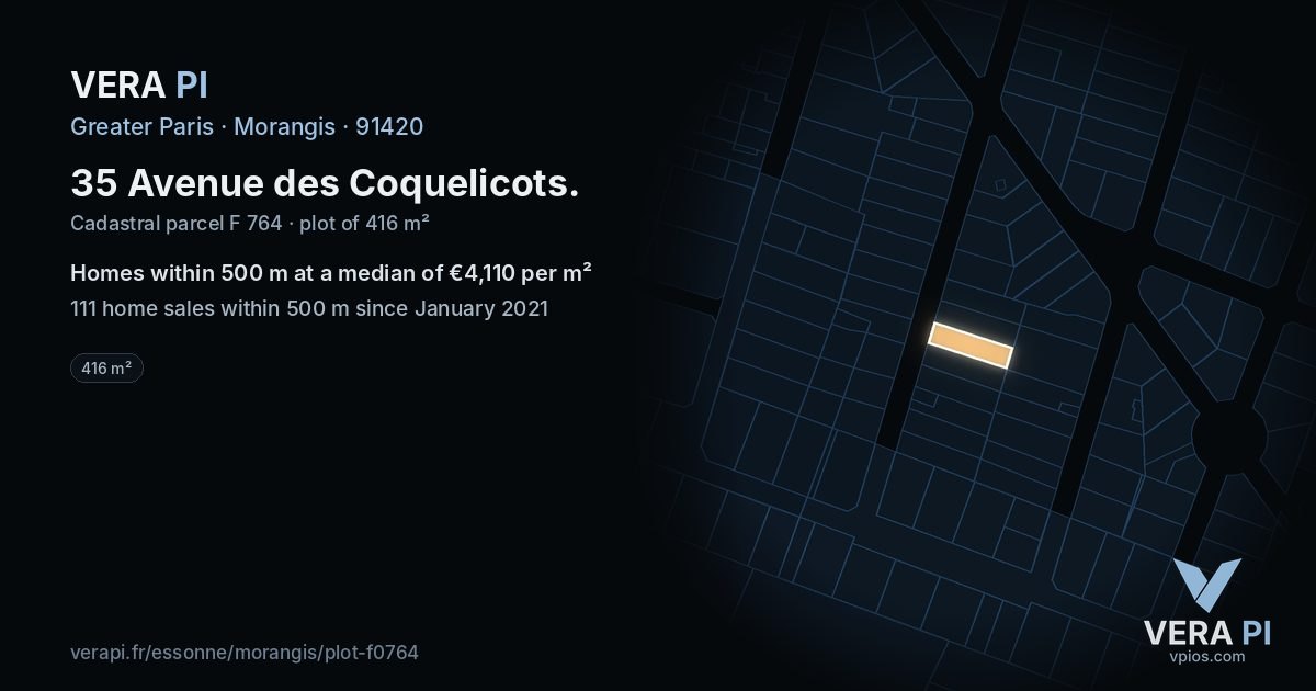 35 Avenue des Coquelicots, Morangis at night – the plot lit, the parcels around coloured by the prices near them