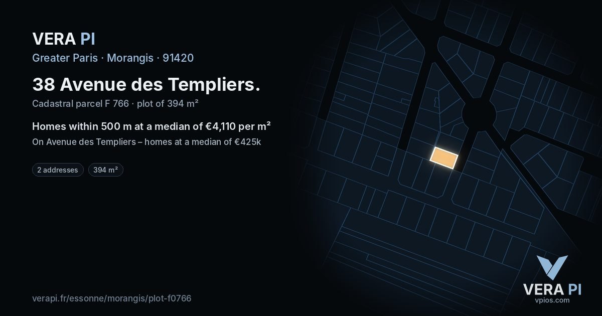 38 Avenue des Templiers, Morangis at night – the plot lit, the parcels around coloured by the prices near them