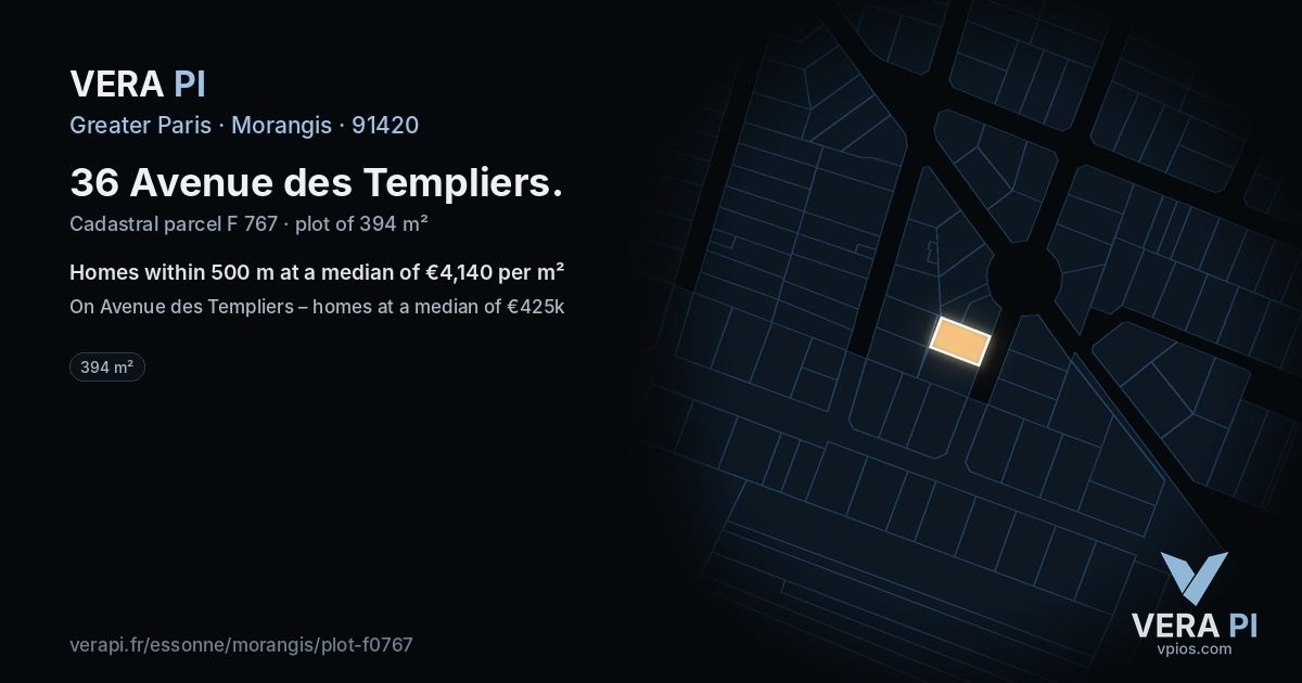 36 Avenue des Templiers, Morangis at night – the plot lit, the parcels around coloured by the prices near them