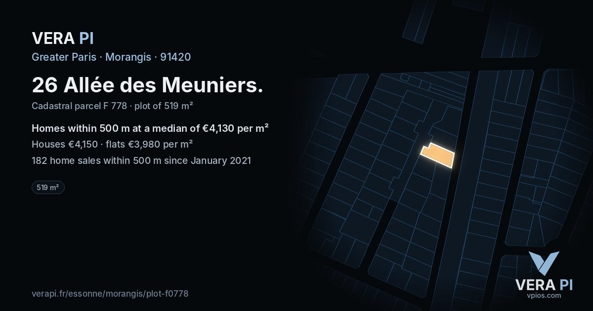 26 Allée des Meuniers, Morangis at night – the plot lit, the parcels around coloured by the prices near them