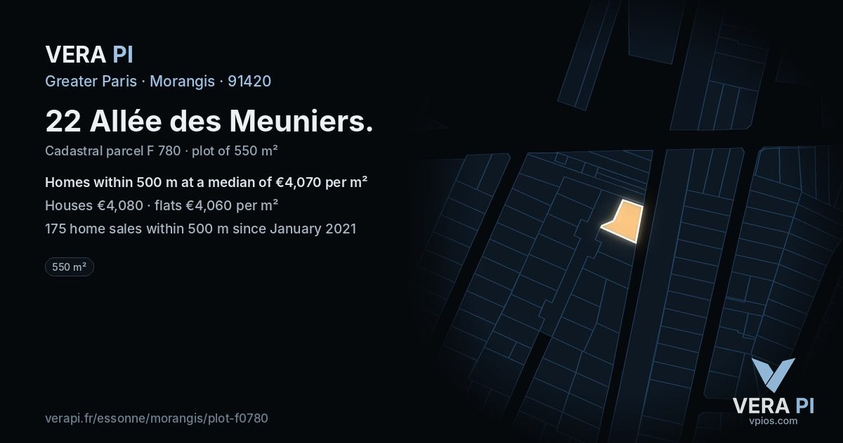 22 Allée des Meuniers, Morangis at night – the plot lit, the parcels around coloured by the prices near them